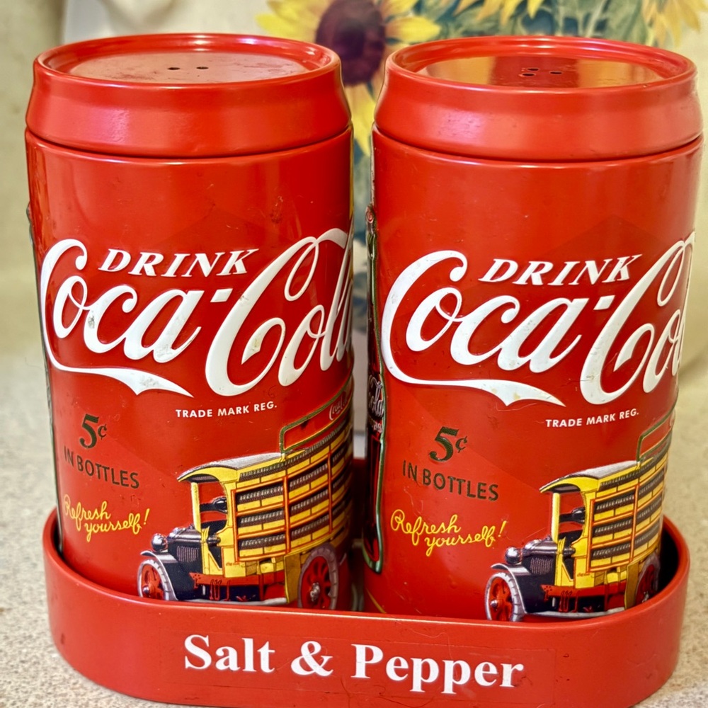 The Tin Box Company Coca-Cola Vintage Salt and Pepper Set with Holder.